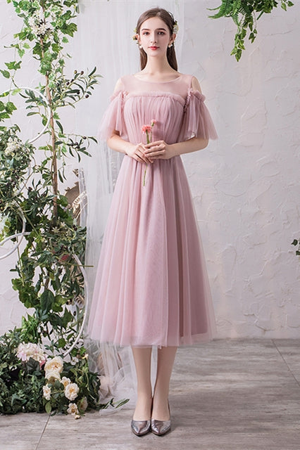 Blush Pink Tulle Midi Mismatched Bridesmaid Dress