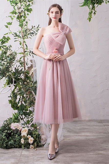 Blush Pink Tulle Midi Mismatched Bridesmaid Dress