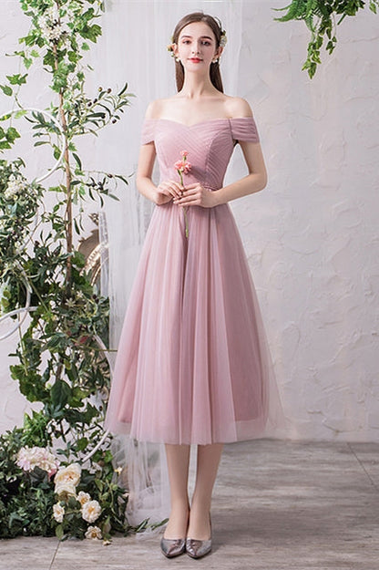 Blush Pink Tulle Midi Mismatched Bridesmaid Dress