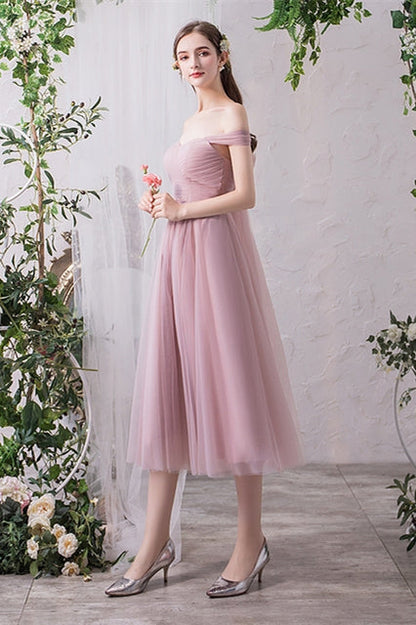 Blush Pink Tulle Midi Mismatched Bridesmaid Dress