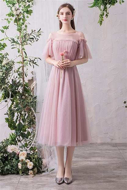Blush Pink Tulle Midi Mismatched Bridesmaid Dress