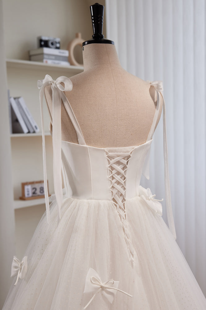 Ivory Bow Tie Shoulder Pearl Bows Tulle Long Wedding Dress