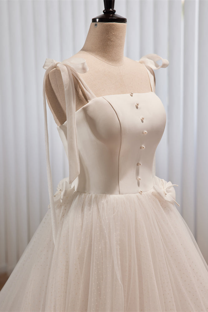 Ivory Bow Tie Shoulder Pearl Bows Tulle Long Wedding Dress