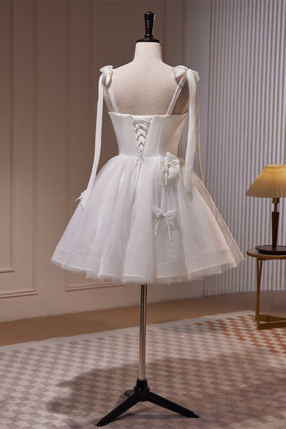 Ivory Bow Tie Shoulder Pearl Bows Tulle Homecoming Dress