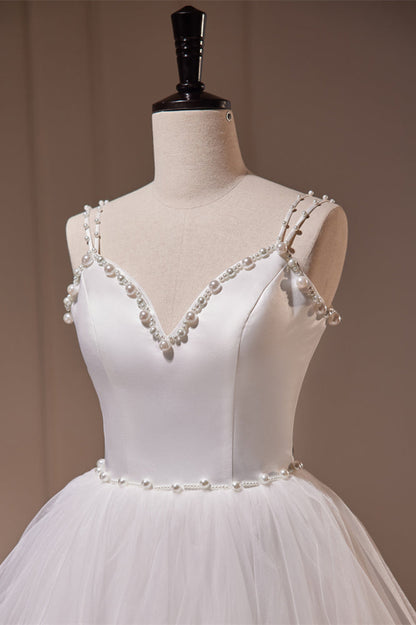 White Pearl Beaded Double Straps Ruffle-Layers Long Wedding Dress