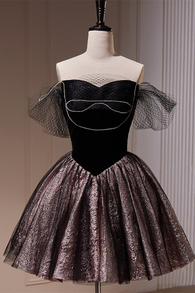 Black Off-the-Shoulder Beaded Homecoming Dress