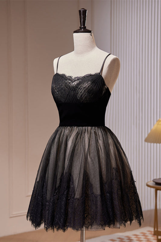 Black Lace Pleated Straps Tulle Homecoming Dress