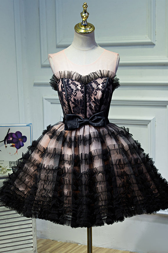 Black Illusion Neck Ruffles Appliques Homecoming Dress with Bow