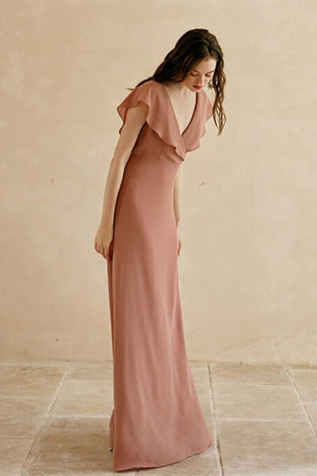 Flutter Sleeves Chiffon Long Bridesmaid Dress