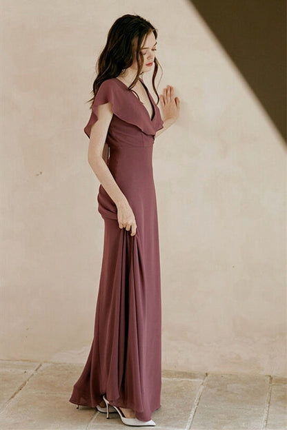 Flutter Sleeves Chiffon Long Bridesmaid Dress