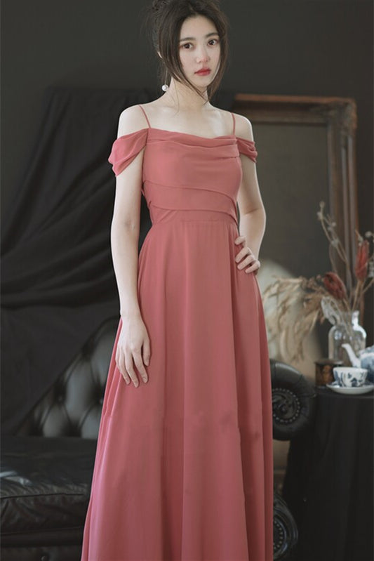 Off the Shoulder Coral Chiffon Long Bridesmaid Dress