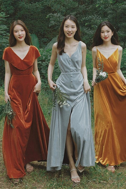 Orange Velvet Long Bridesmaid Dress with Cap Sleeves