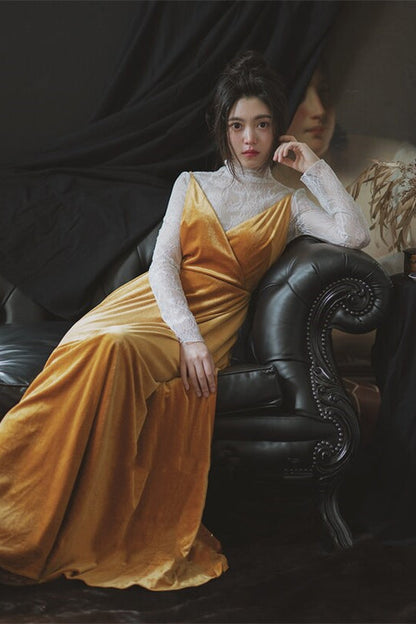 Yellow Velvet A-line Long Bridesmaid Dress