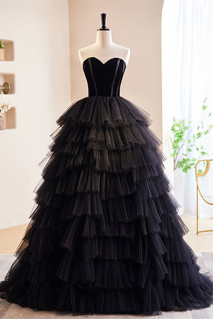 Black Flower Off-the-Shoulder Sweetheart Multi-Layers Maxi Formal Dress