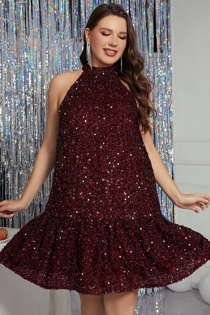 Burgundy Sequins Halter Homecoming Dress