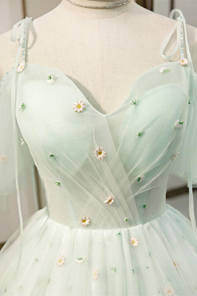 Light Green Flaunt Off-the-Shoulder Bow Tie Embroidery Homecoming Dress