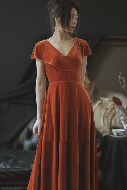 Orange Velvet Long Bridesmaid Dress with Cap Sleeves