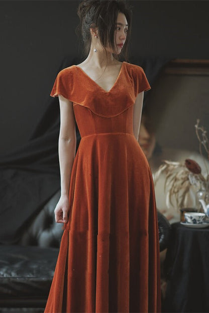 Orange Velvet Long Bridesmaid Dress with Cap Sleeves