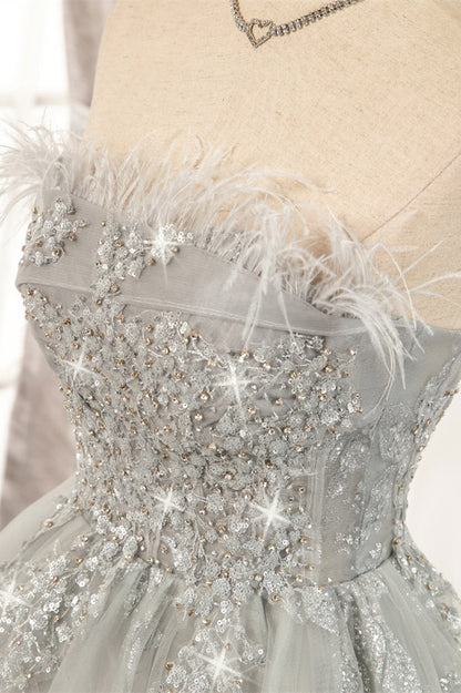 Silver Strapless Feathers Beaded Tulle Homecoming Dress