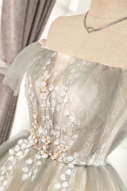 Apricot Flaunt Off-the-Shoulder 3D Appliques Tulle Homecoming Dress
