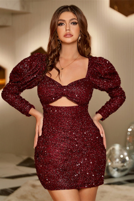 Hot Pink Sequins Bow Bust Long Sleeves Cut-Out Homecoming Dress
