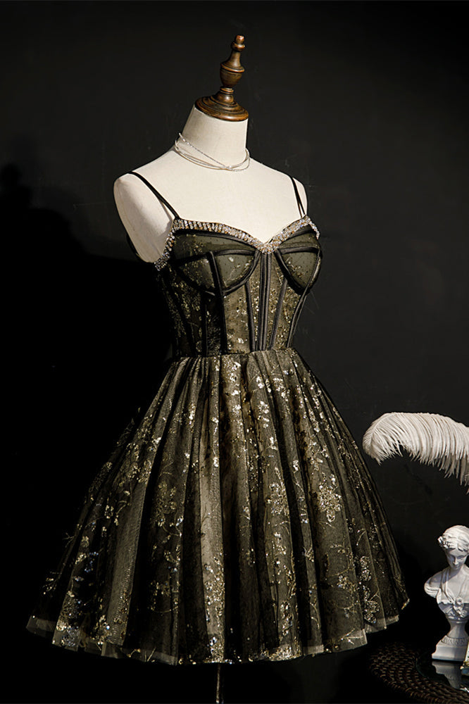 Black Beaded Sparkle-Embroidered Straps Homecoming Dress