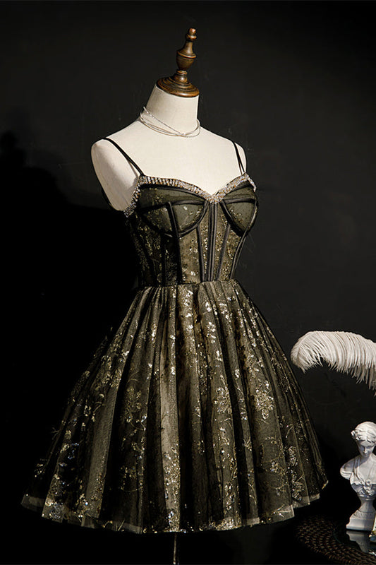 Black Beaded Sparkle-Embroidered Straps Homecoming Dress