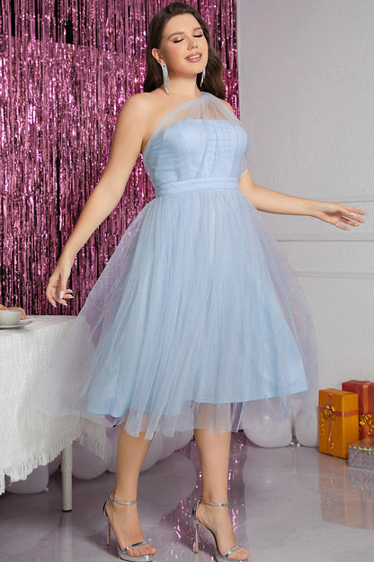 Sparkly Light Blue Illusion One Shoulder Tulle Homecoming Dress