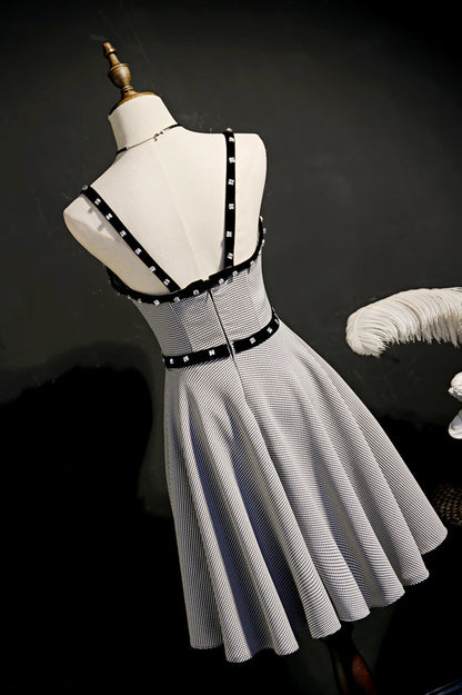 Grey Beaded Straps Homecoming Dress with Bow