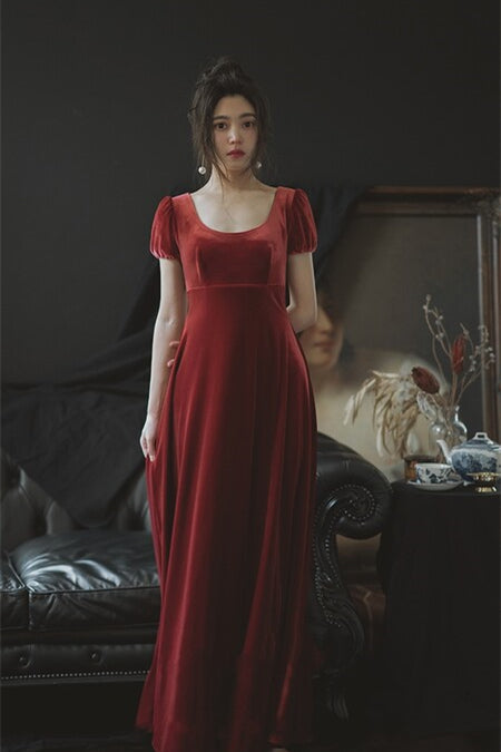 Burgundy Velvet Long Bridesmaid Dress with Cap Sleeves