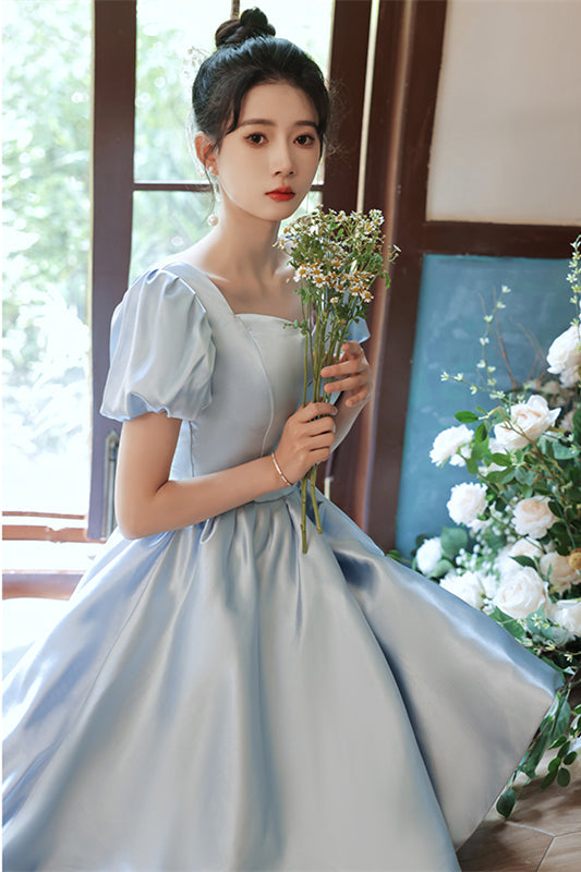 Light Blue Satin Hi-Low Puff Sleeves Homecoming Dress