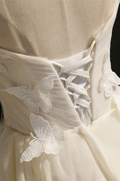 Ivory Pleated Illusion Neck Butterflies Homecoming Dress