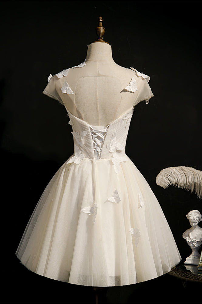 Ivory Pleated Illusion Neck Butterflies Homecoming Dress