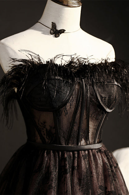 Black Strapless Feathers Prints Ruffle Homecoming Dress