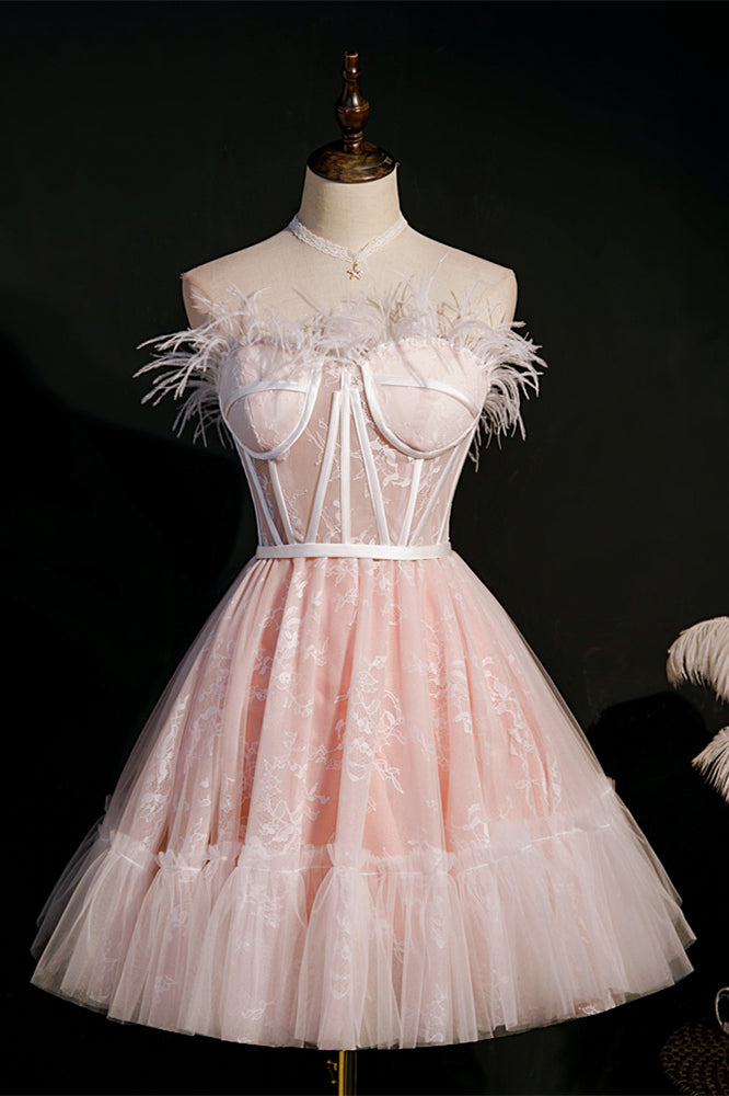 Black Strapless Feathers Prints Ruffle Homecoming Dress