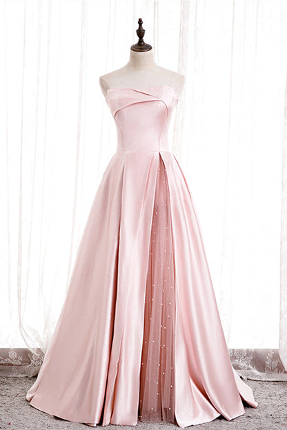 Elegant Satin A-Line Strapless Party Evening Dress With Pearls