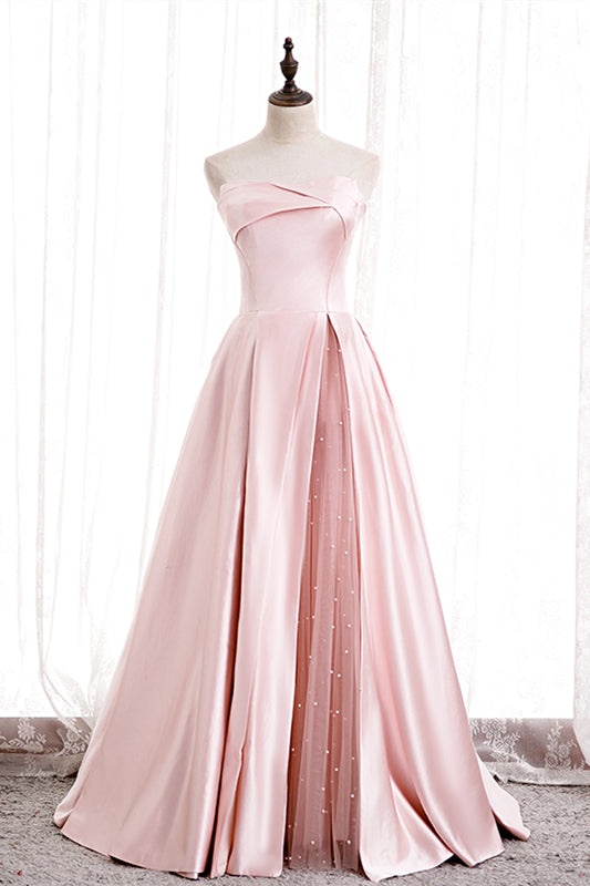 Elegant Satin A-Line Strapless Party Evening Dress With Pearls