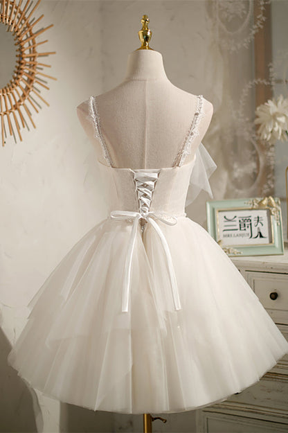 Ivory Straps Flaunt Deep V Neck Multi-Layers Beaded Homecoming Dress
