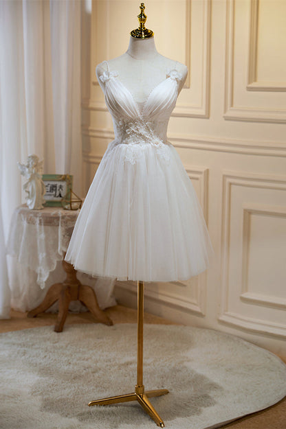 Ivory Beaded Straps Pleated Deep V Flowers Homecoming Dress