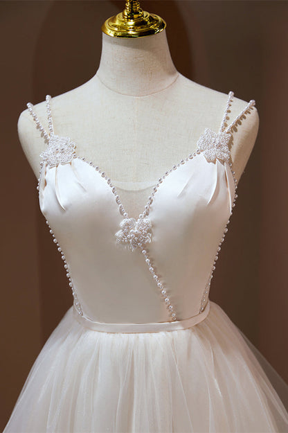 Ivory Double Straps Deep V Beaded Appliques Homecoming Dress