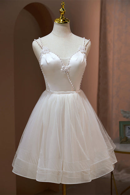 Ivory Double Straps Deep V Beaded Appliques Homecoming Dress