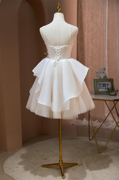Ivory Beaded Straps Pleated Flower Lace Ruffles Homecoming Dress