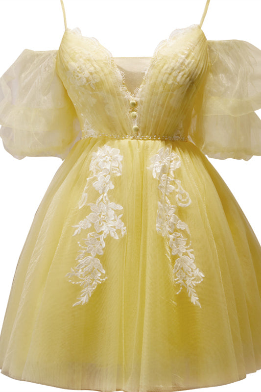 Yellow Plunging Puff Off-the-Shoulder Appliques Homecoming Dress