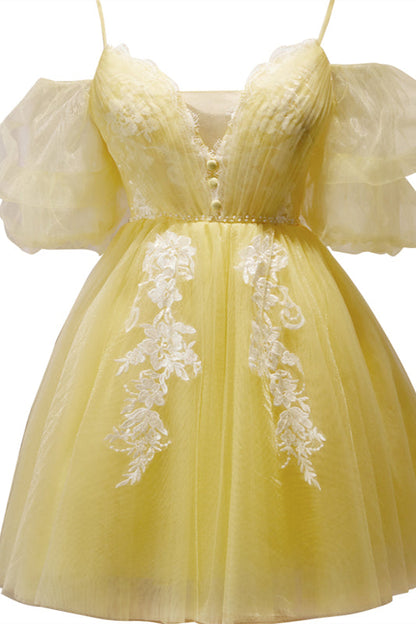 Yellow Plunging Puff Off-the-Shoulder Appliques Homecoming Dress