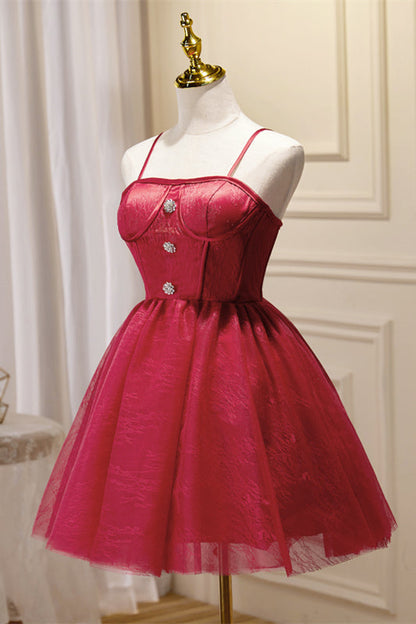 Wine Red Straps Silver Buttons Homecoming Dress