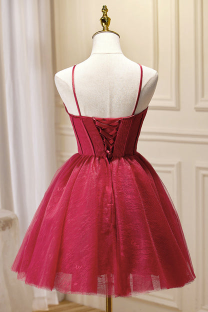Wine Red Straps Silver Buttons Homecoming Dress