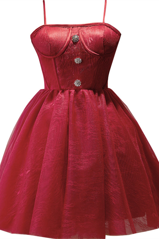 Wine Red Straps Silver Buttons Homecoming Dress