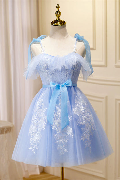 Sky Blue Flaunt Off-the-Shoulder Bow Tie Appliques Homecoming Dress