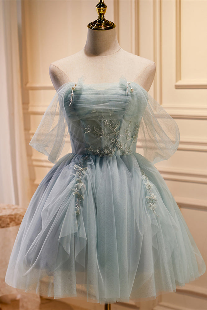 Dusty Sage Off-the-Shoulder Beaded Pleated Homecoming Dress