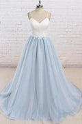 Light Blue Tulle Simple Spaghetti Straps Sweep Train Backless Prom Dress